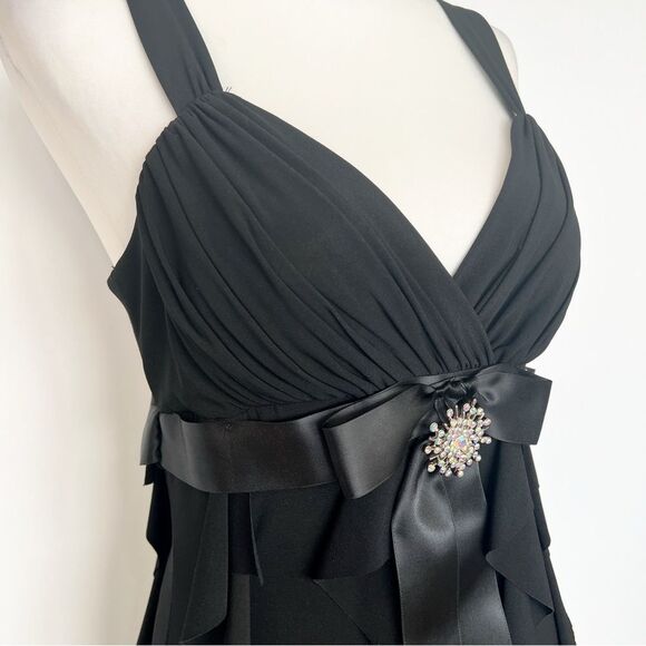 Cache Black Ruffle Cocktail Dress Ruched Sweetheart Satin Jewel Waist Accent 10 - Picture 3 of 12